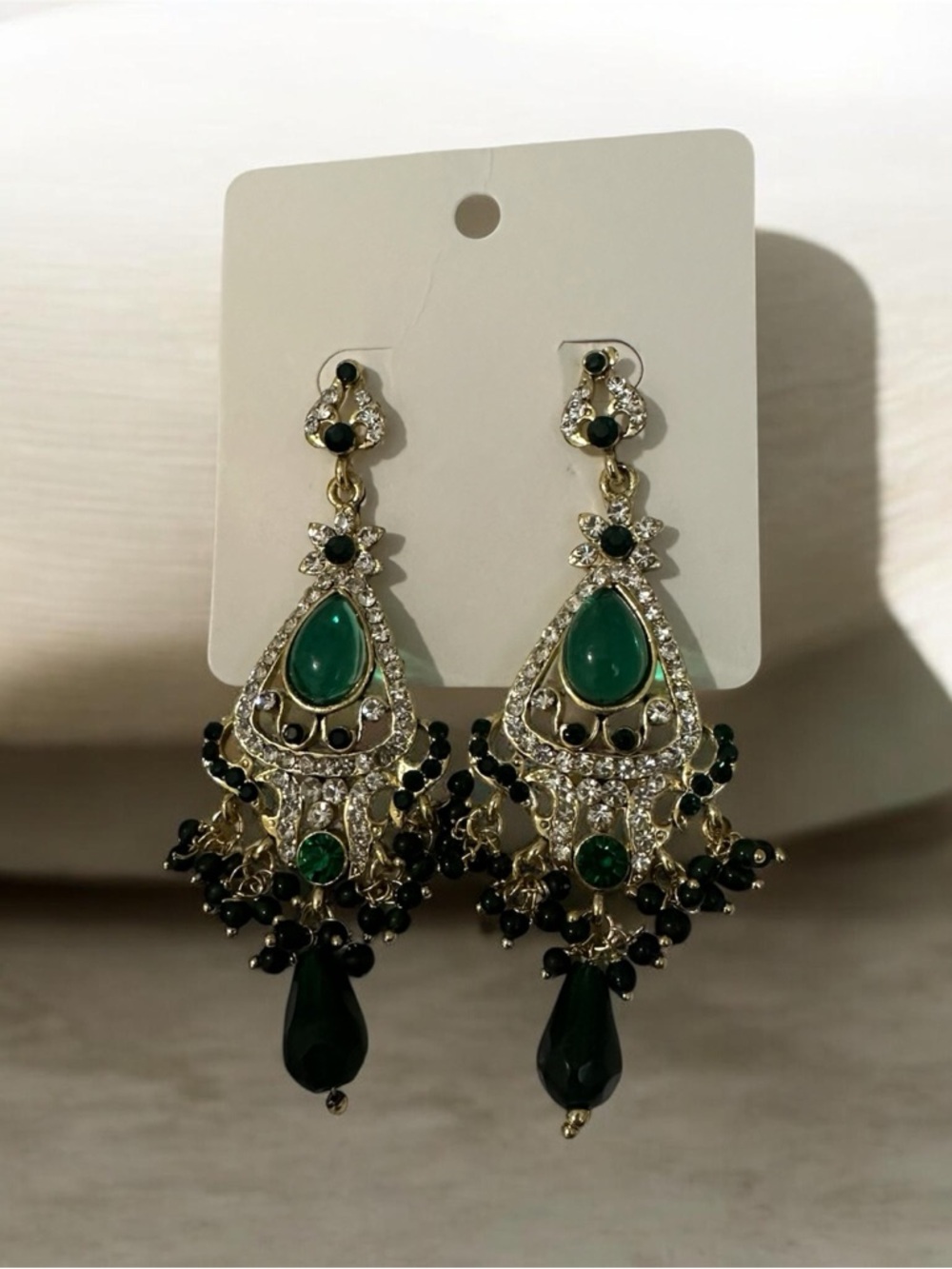 Gold-Tone Emerald Drop Chandelier Earrings - Green Statement Jewelry